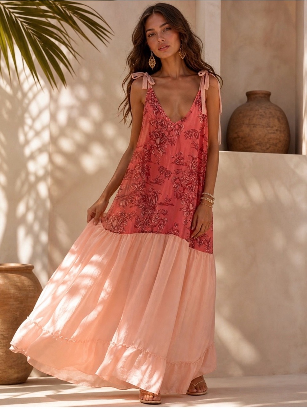 NWT Chio Tie-Shoulder Two-Tone Maxi Dress in Coral and Blush made in Italy